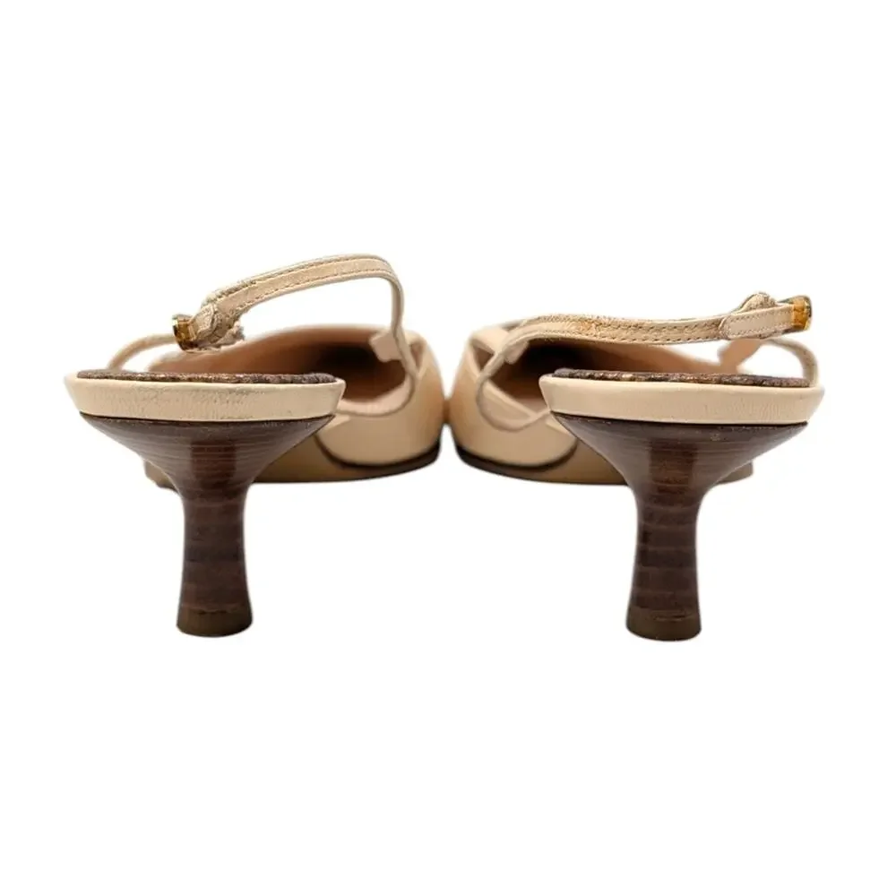 Chanel Vintage Pointed Toe Slingback Kitten Heel Beige Brown CC Logo 36.5 | 6